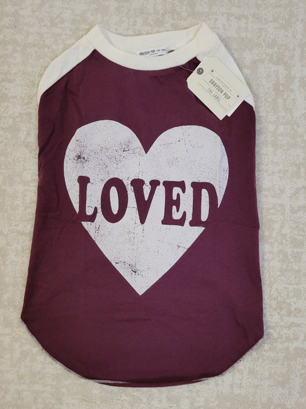 Grayson Pup The Label Loved Raglan Dog Tee Large Maroon Heart Brand New Cute Lov